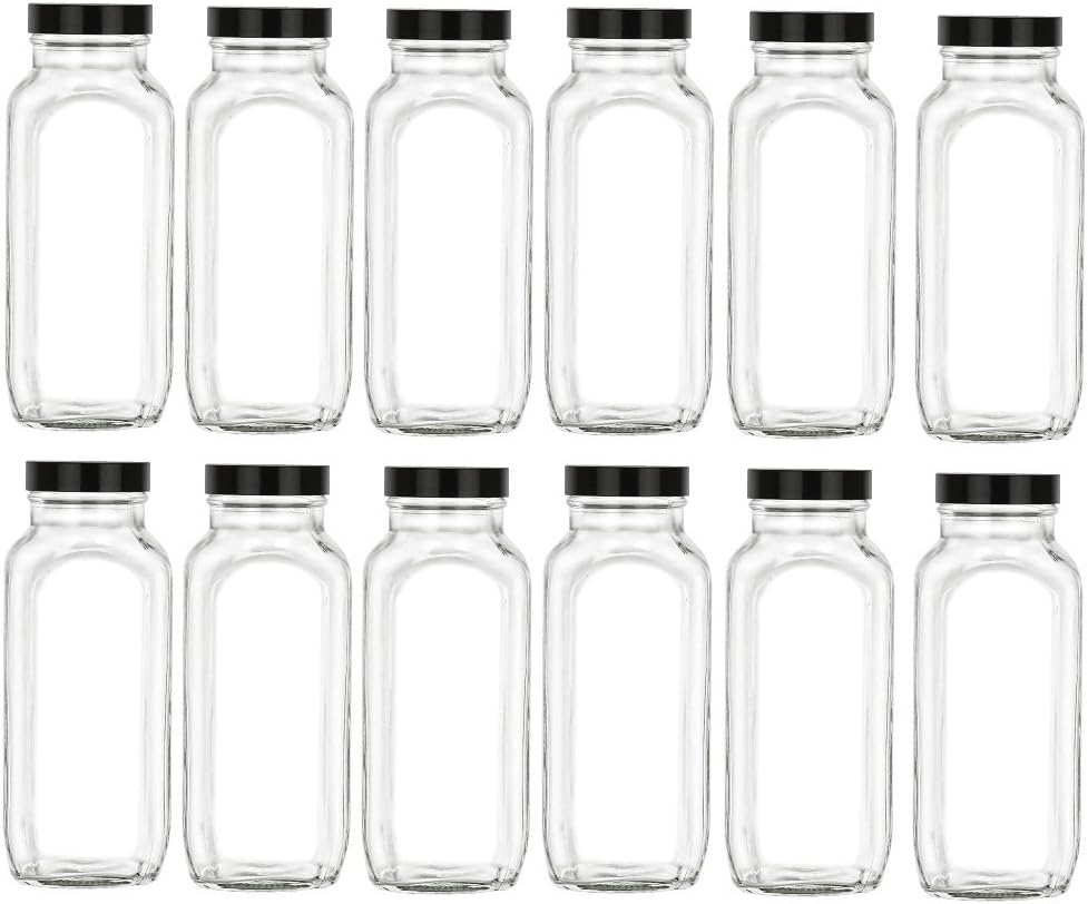 Nakpunar 16 oz Glass French Square Bottle Set w/Black Plastic Lid - Wide mouth with BPA Free, Airtight, Leak Proof Lids for Fruit Juices, Kombucha, Dressings (Black, 12)