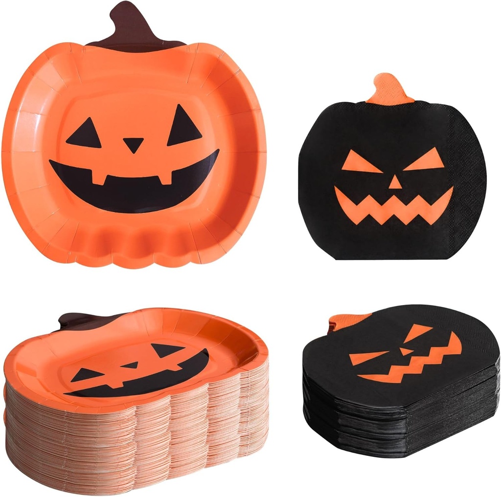 Winoo Design 100PCS Bulk Halloween Plates and Napkins Party Supplies - Serves 50 - Pumpkin Paper Plates and Disposable Napkins for Halloween Birthday Decorations Kids Dinnerware Set