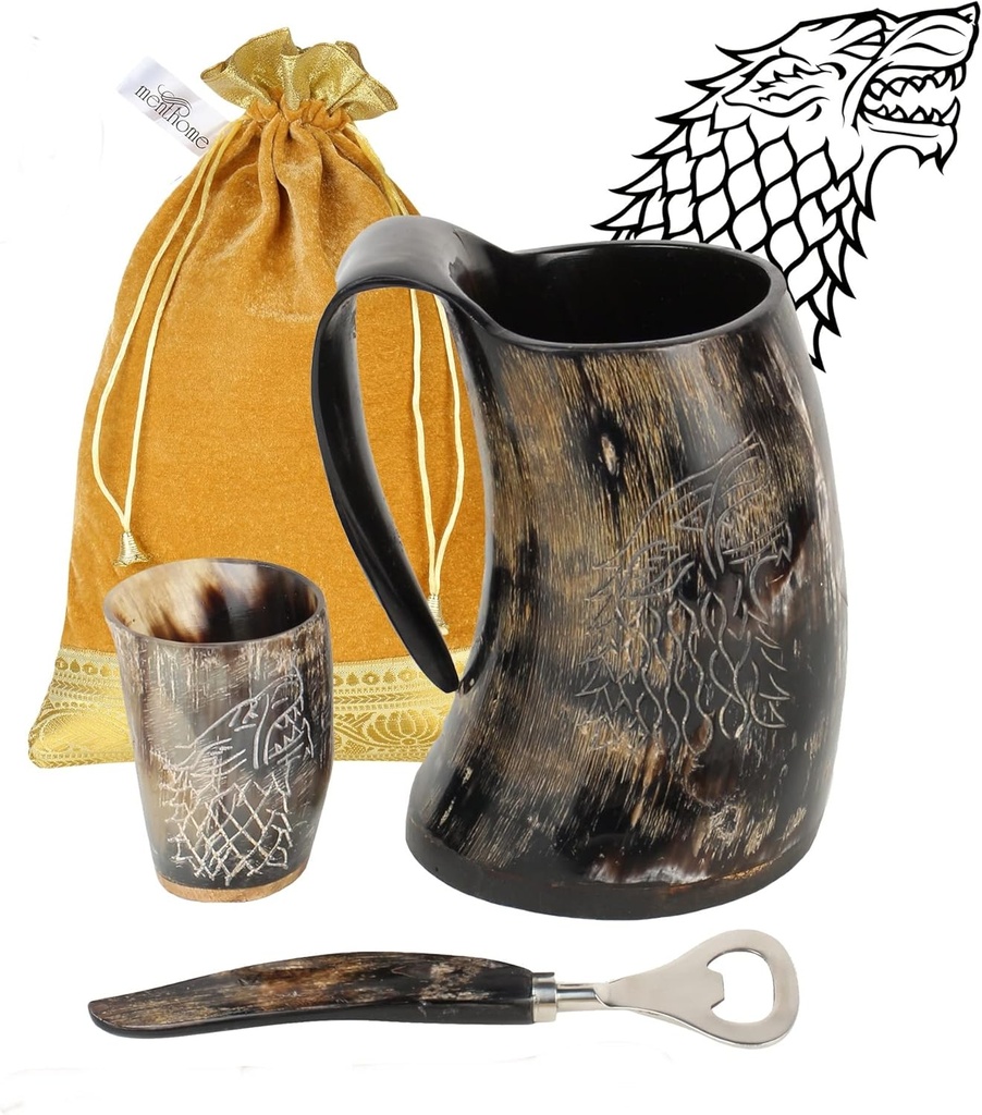 MENTHOME Viking Horn Mug - 100% Authentic Game of Thrones Medieval Norse Style Polished Drinking Mug With Shot Glass | Bottle Opener | Gift for Men & Women | 20 Oz