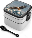 Eagles Bento Box Leak-Proof Double Layered Lunch Containers with Spoons And Invisible Handle, Portable Lunch Boxes for Work Picnic Travel