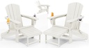 KINGYES Folding Adjustable Adirondack Chair with Ottoman & 2 Cup Holders Set of 2, HDEP Multifunctional Adirondack Chair with Footrest, White