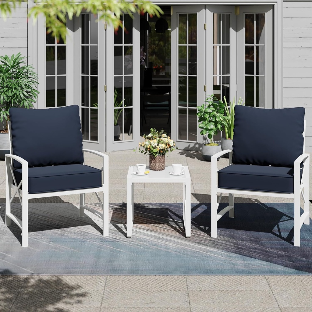 Meilocar Patio Furniture 3-Piece Conversation Set, Outdoor Furniture Patio Chairs with Aluminum Frame and Coffee Table, Conversation Chat Sofa Modern Seating Set, Blue