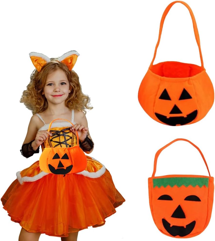 Halloween Pumpkin Candy Bags Cute Trick or Treat Bags with Handle Reusable Non Woven Buckets for Snack Goodies Halloween Costume Party Favors Supplies, 2 Pcs