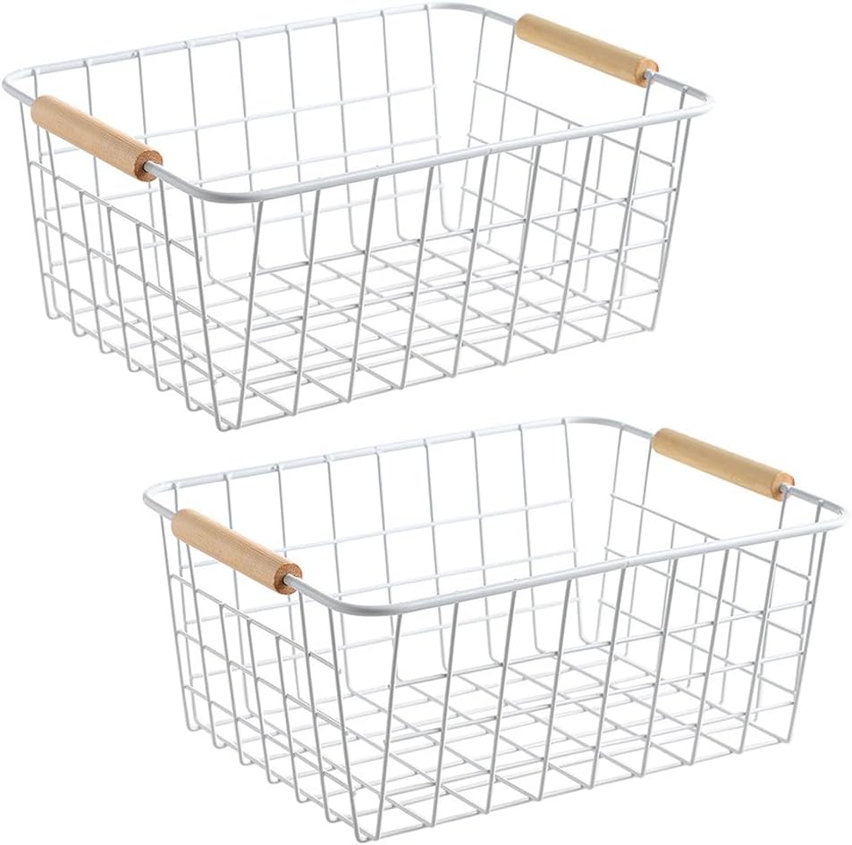 LeleCAT white wire baskets for organizing with Wooden Handles Storage Organizer Baskets, Household snack basket for Cabinets, Pantry, Closets, Bedrooms, pantry organizers and storage - Set of 2（White）