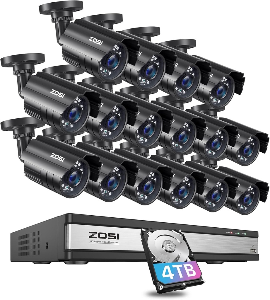 ZOSI 3K Lite 16CH Security Camera System Outdoor with 4TB HDD,AI Human/Vehicle Detection,H.265+ 16Channel 1080P CCTV DVR with 16PCS 1920TVL Surveillance Cameras,Night Vision,for 24/7 Recording
