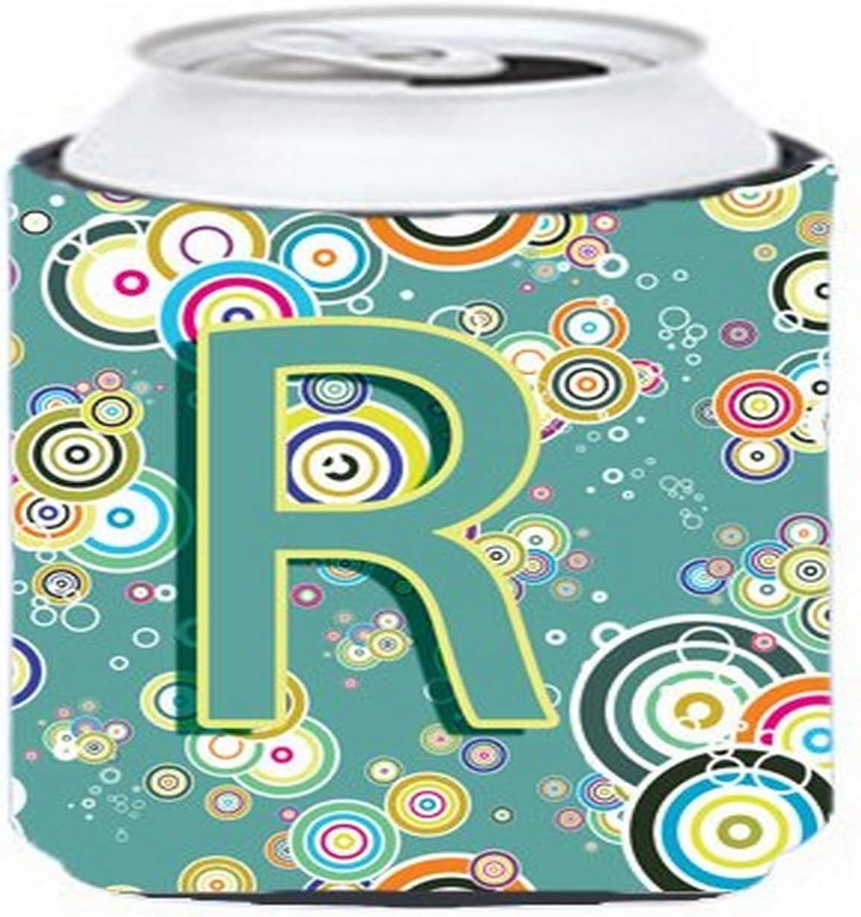 Caroline's Treasures CJ2015-RCC Letter R Circle Circle Teal Initial Alphabet Can or Bottle Hugger Cooler Washable Drink Sleeve Collapsible Beverage Insulated Holder, Can Hugger, Multicolor