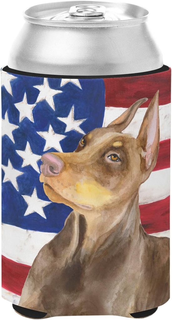 Caroline's Treasures BB9709CC Doberman Pinscher Patriotic Can or Bottle Hugger Cooler Washable Drink Sleeve Collapsible Beverage Insulated Holder, Can Hugger, Multicolor