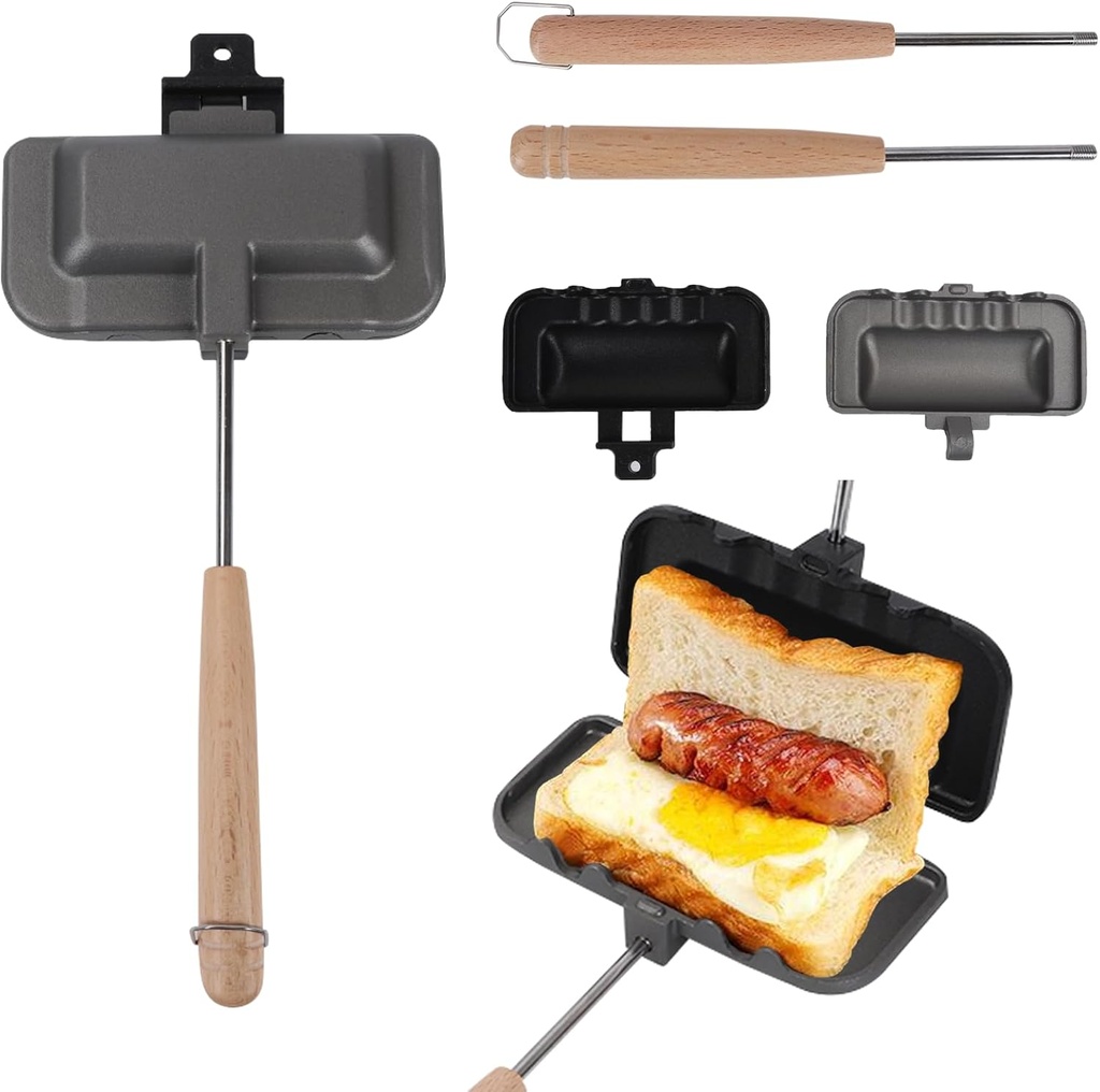 Sandwich Maker Cast Iron, Hot Dog Toaster, Double-Sided Sandwich Baking Pan Detachable Campfire Sandwich Maker, Double Sided Frying Pan Sandwich for Breakfast Pancakes, Toast, Omelets