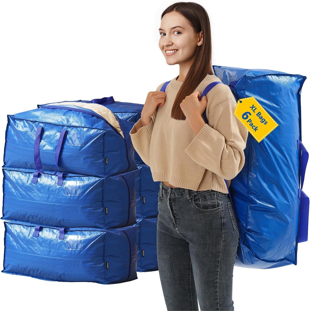 Extra Large Moving Bags - 6-Pack Heavy Duty Storage Duffel - Sturdy Backpack Straps Handles, Zippers - Reusable Moving Storage Bags for Clothes - Folding Collapsible Storage Tote Bag Set – Blue