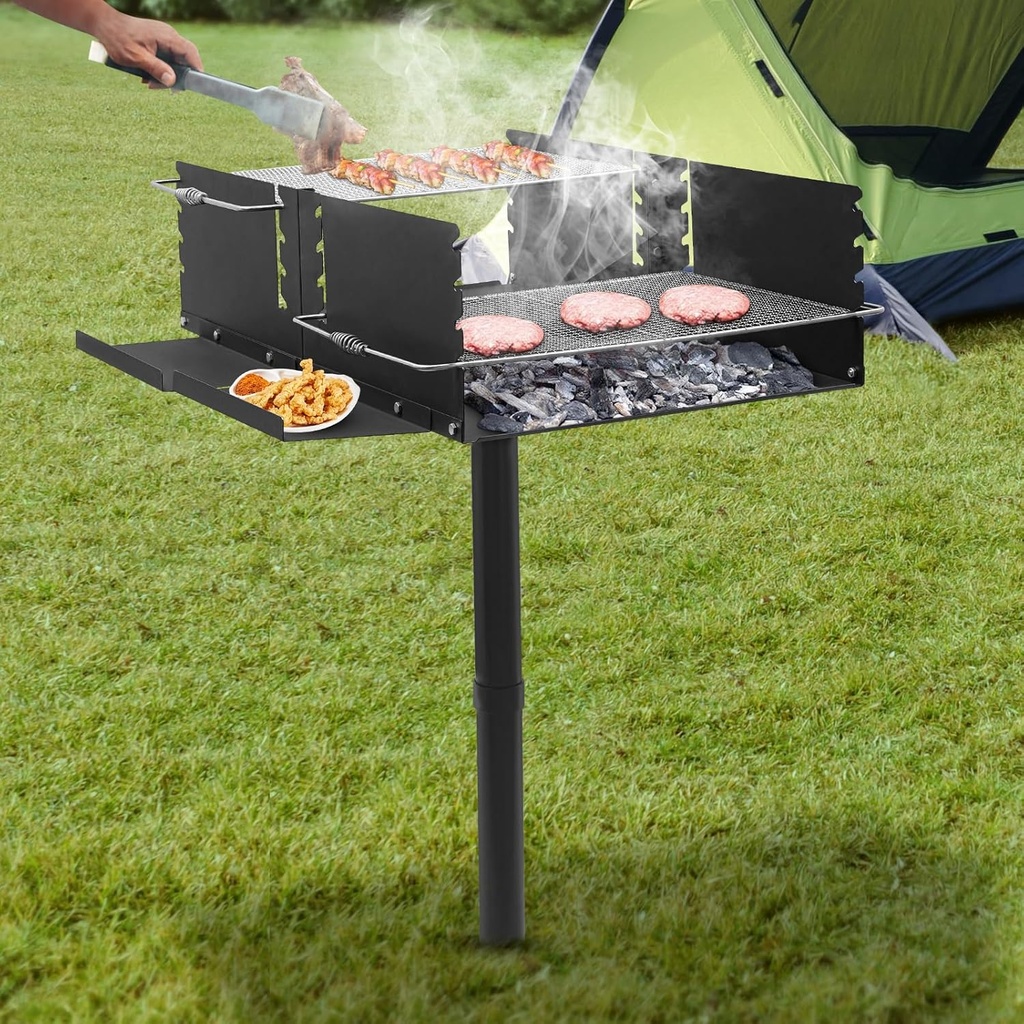 Single Post Outdoor Grill,Portable Park Style Charcoal grill,with Side Shelf for Food Prep & Accessories,4 Gears Adjustable Grate Height,Barbeque Grill for Camping & Backyard