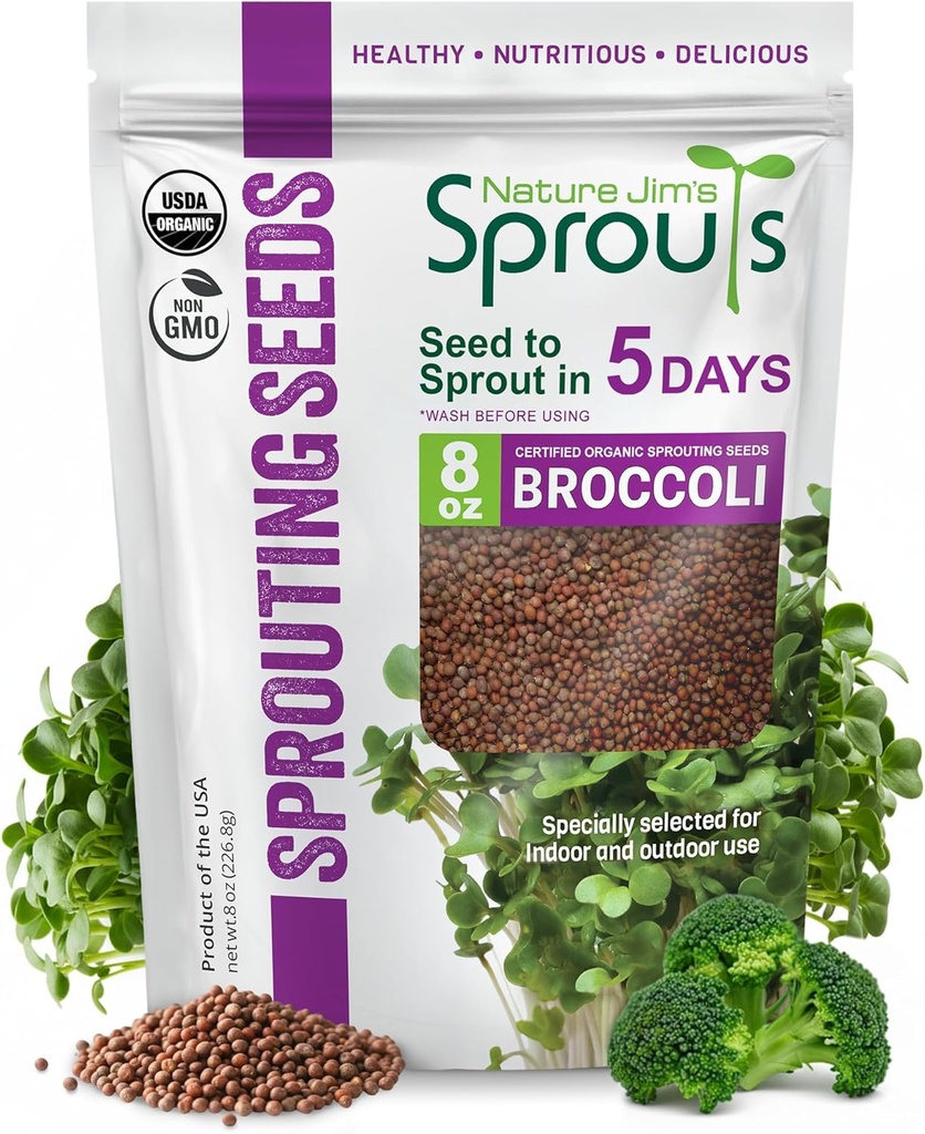 Nature Jims Sprouts Organic Broccoli Seeds for Sprouting – Certified Non-GMO, Rich in Sulforaphane, Swift-Growing Microgreen Seeds for Nutritious Broccoli Sprouts – Ideal for Indoor/Outdoor Use – 8oz