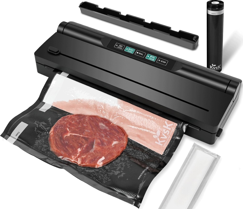 Vacuum Sealer Machine Automatic Black 6615H Food Preservation Storage, One-Click Dry&Moist Vac Seal Mode, 60kPa Suction, 11"x9.8' Black Sealer Roll, Liquid Block Cotton Pads, Removable Drip Tray