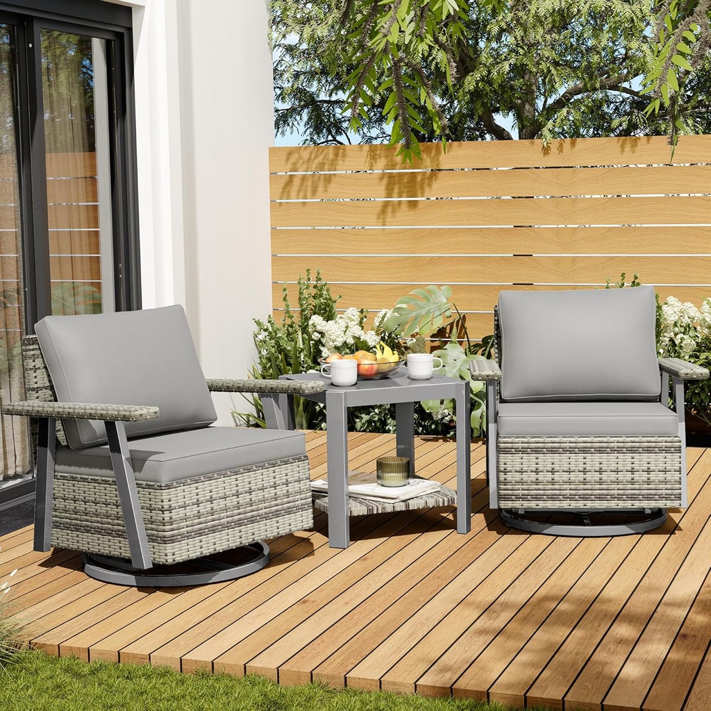 Pamapic Outdoor Bistro Set, 3 Piece Outdoor Swivel Glider Rocking Chairs, Luxury Patio Conversation Furniture Set, Swivel Outdoor Chairs with Thick Cushions for Porch, Balcony, Deck, Grey