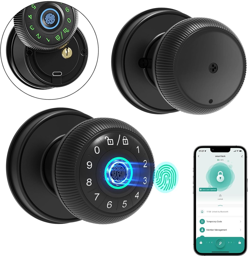 4-in-1 Smart Fingerprint Door Knob with Keypad - Biometric & App Control, Keyless Entry, Auto Lock for Front Door, Bedroom, Office, Hotel, Easy Install, Matte Black