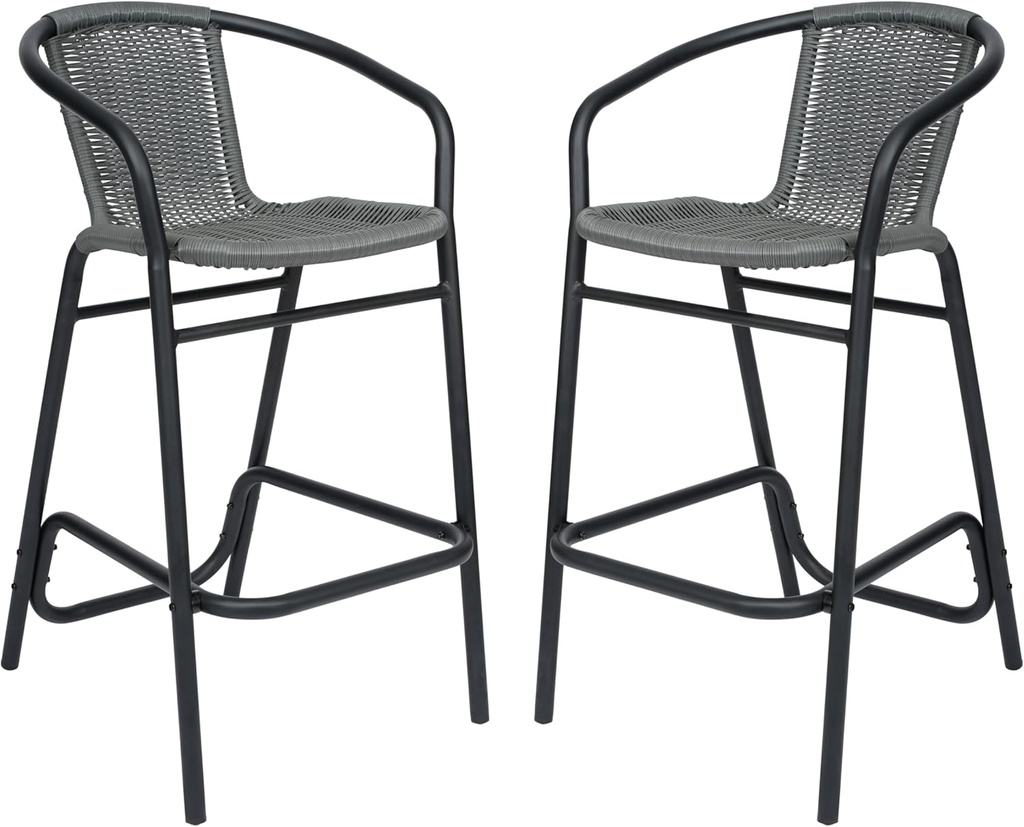 Flash Furniture Lila Commercial Grade Rattan Indoor-Outdoor Commercial Restaurant Barstool - Rattan Seat and Back - Footrest - Gray - 2 Pack