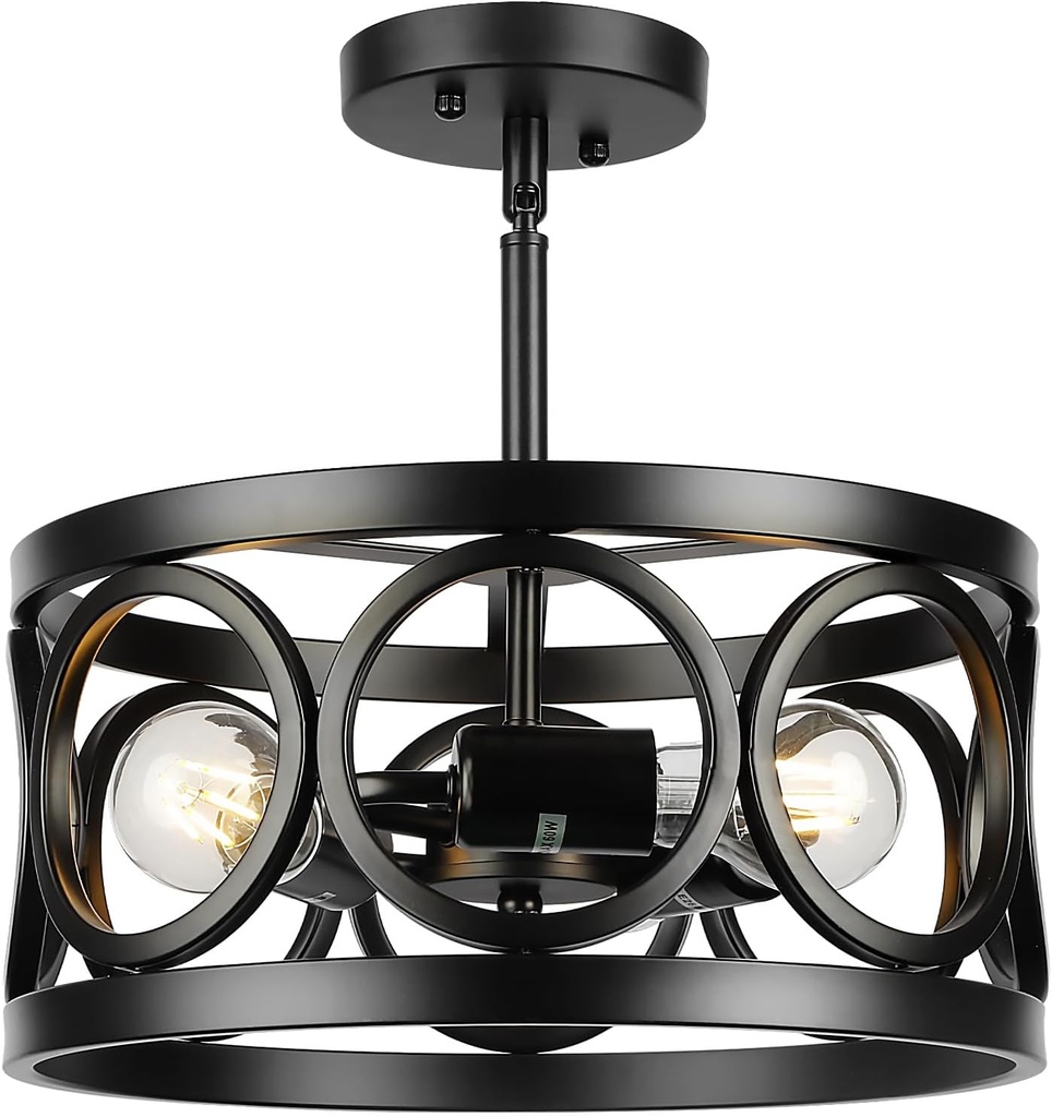 Farmhouse Semi Flush Mount Ceiling Light,3-Light Industry Black Sloped Ceiling Light Fixtures D13 Inches Drum Metal Light Fixture for Entryway Foyer Hallway Kitchen Dining Room