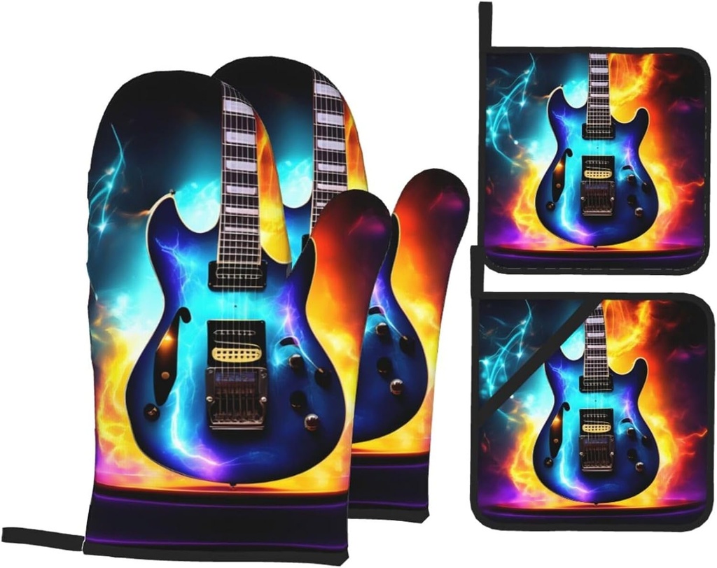 Magic Electric Guitar Print Oven Mitts,Pot Holders, Heat Resistant Oven Mitts Gloves,Hot Pads for Kitchen Cooking Grill