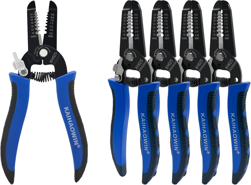 KAIHAOWIN 5 Pack Wire Stripper and Cutter with Safety Lock and Spring Loaded Professional Stripping Pliers Electrican Tool Small Gauge for 10-22 AWG Stranded Wire