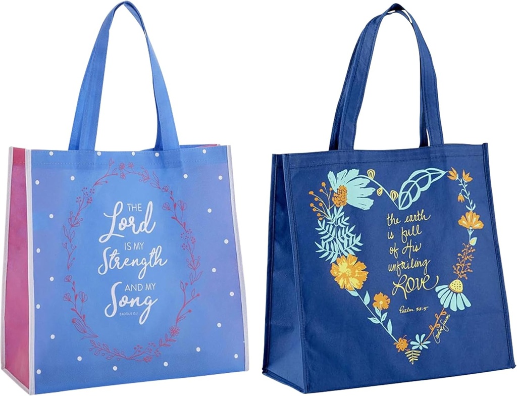 Trendzeen Inspirational Christian Tote Bags for Women - 2 Pack Religious Floral Scripture Totes, Reusable 6 Inch Gusset Bags for Bible Study and Church Events