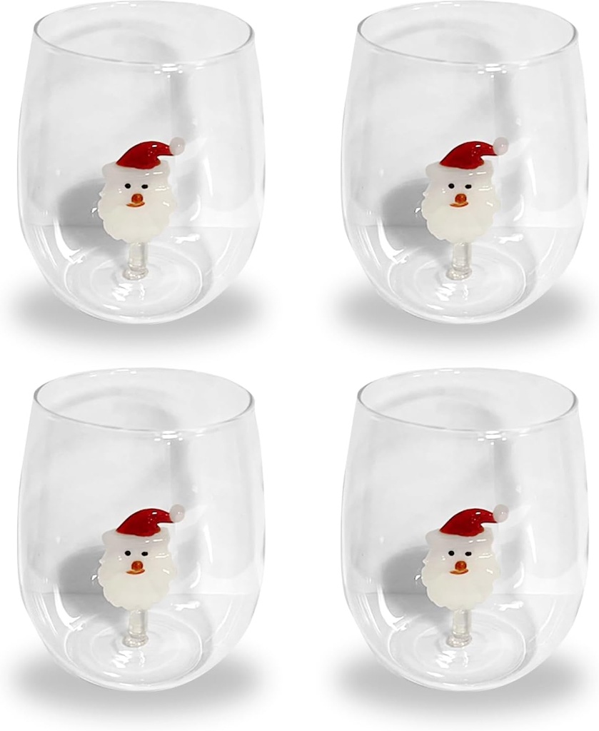 Gusto Buono Borosilicate Stemless Wine Glasses with Santa Claus Design (17.8oz, Set of 4) – Christmas Holiday Decor, Shatter-Resistant, Dishwasher Safe, Handcrafted in Italy