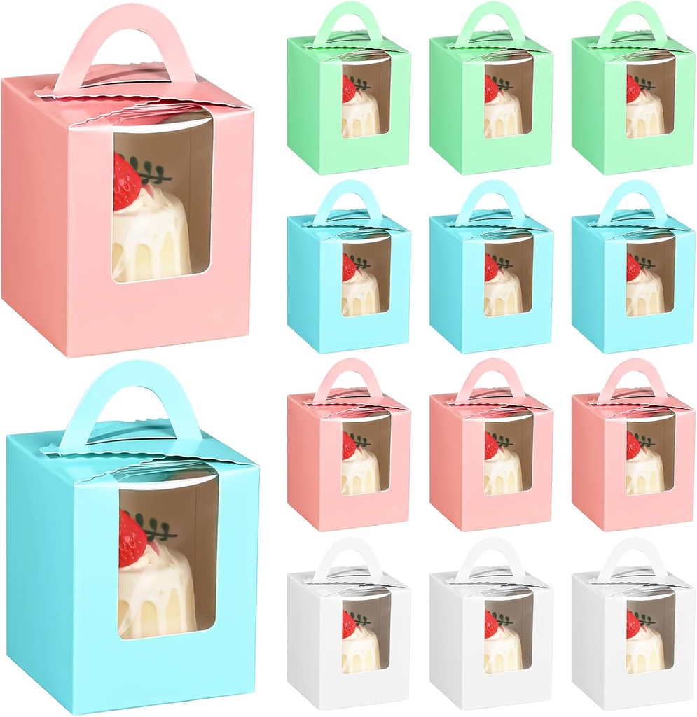 20 Pcs Individual Cupcake Boxes with Window, Single Cupcake Boxes with Handle, 4.3 x 3.7 x 3.7 inch Cupcake Containers, Kraft Muffin Cupcake Carriers for Wedding Bakery Party Favor (4 Colors)