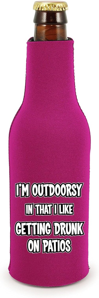 I'm Outdoorsy in that I Like Getting Drunk on Patios Beer Bottle Coolie (Magenta)