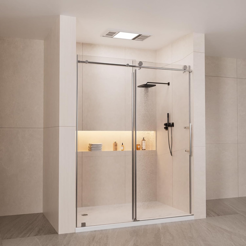 Frameless Single Sliding Shower Door,58-60" Wx74 H,5/16" (8mm) Tempered Glass with Explosion-Proof Film,Easy Clean Coating&Stainless Steel Hardware,Strong Seals Water Protection