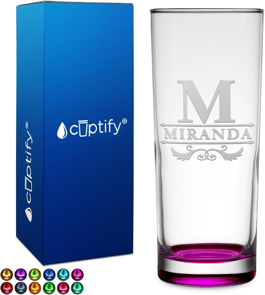 Personalized Highball 10.5 oz with Pink Bottom, Custom Tall Collins Glass, Straight up Mixed Drink Cocktail - Initial with Name Gift