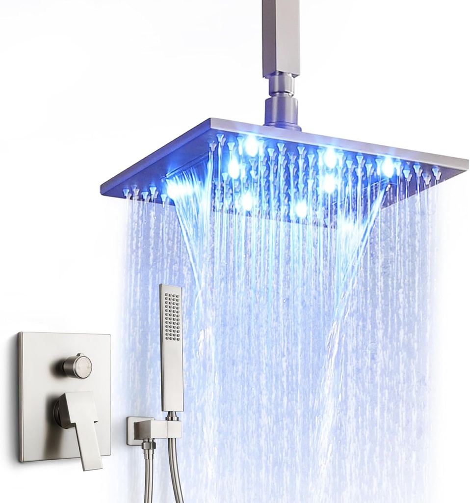SKOWLL Ceiling Mount Shower Faucets Sets Complete, 10 Inch LED Rainfall Shower Head System, 2 Function Brushed Nickel Shower Faucet Set with Rough in Valve and Trim