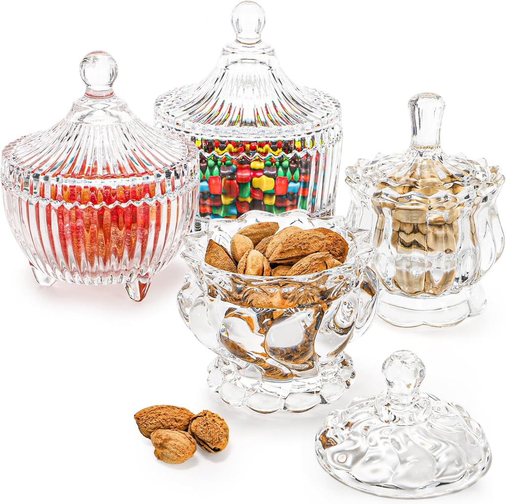 Youeon Set of 4 Glass Candy Dish with Lid, Crystal Decorative Candy Bowl, Cookie Jar, Jewelry Dish, Small Glass Covered Jars for Buffet, Kitchen, Home, Office Desk
