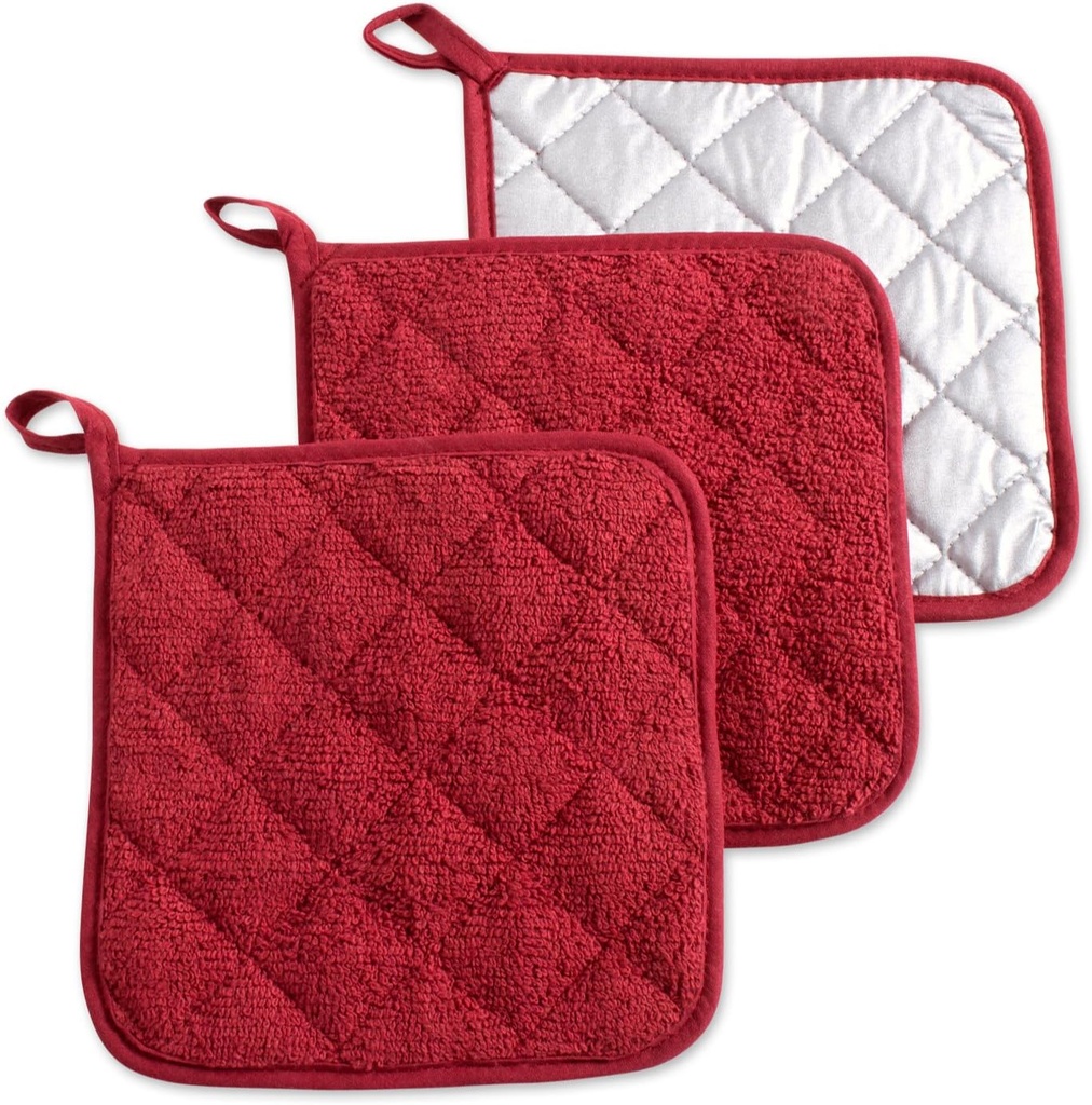 DII Basic Terry Collection Quilted 100% Cotton, Potholder, Barn Red, 3 Piece