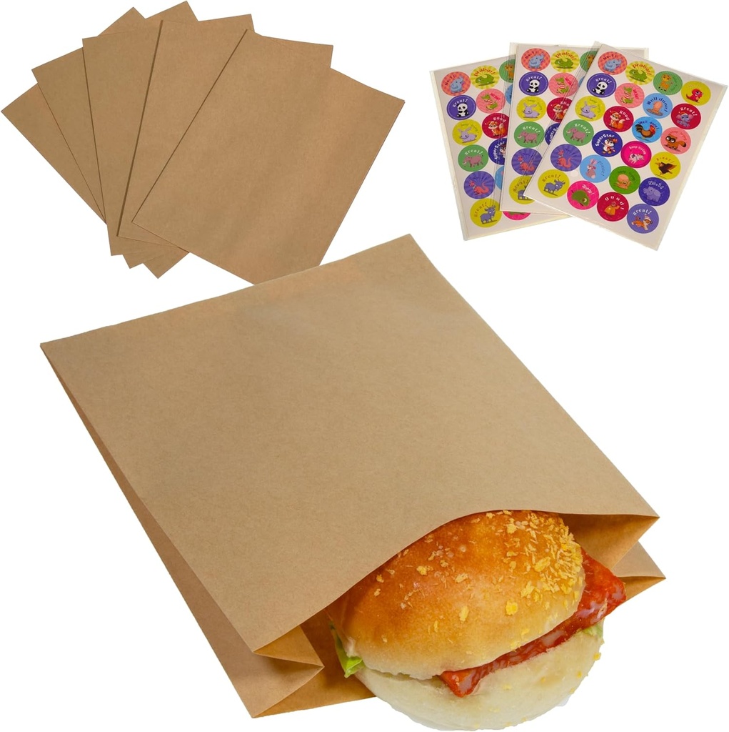 100pcs Grease Resistant Brown Paper Sandwich Bags with Stickers, 5.5x7.5x2 inches, Serve As Small Bakery, Snacks, Treats and Lunch Take Out Bags.