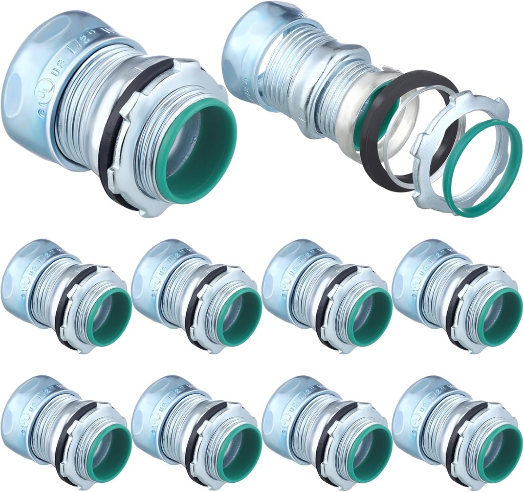 10 Pcs 1/2 Inch EMT Raintight Compression Connectors Zinc Plated Steel, Insulated Waterproof EMT Box Connector Electrical Conduit Fittings
