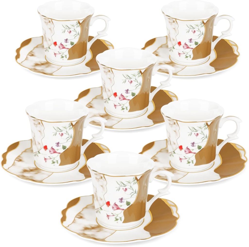 fanquare 2.7oz Mini Coffee Cups for Espresso, Marble Pattern Floral Porcelain Tea Cups Set of 6, Ceramic Demitasse Cups and Saucers for Party, Brown