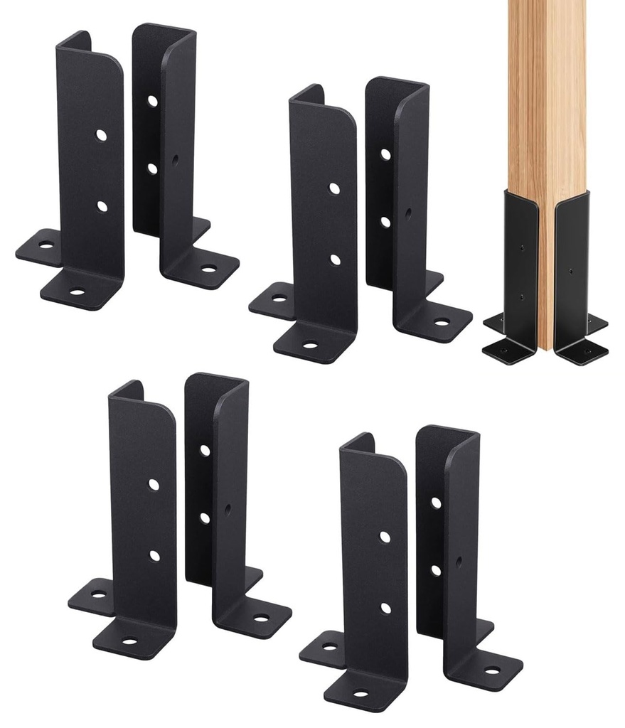 8Pcs Adjustable Deck Post Anchor Base Brackets Kit - Heavy Duty Reversible for 1.5x1.5, 2x2, 2x4 & 4x4 Wood Posts - Fence Pergola Railing Mailbox Support - Half Column Black Design