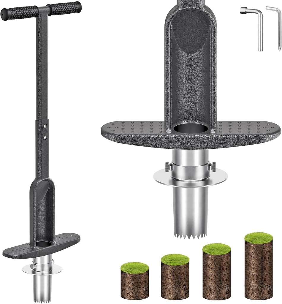 Dolibest Bulb Planter Tool w/Soft Grip, Grass Plugger Tool w/Stainless Steel Sharp Serrations, Depth Adjust Pre-Assembled Sod Plugger w/Centre Auto Dump Design for Lawn Planting Bulbs and Grass Repair