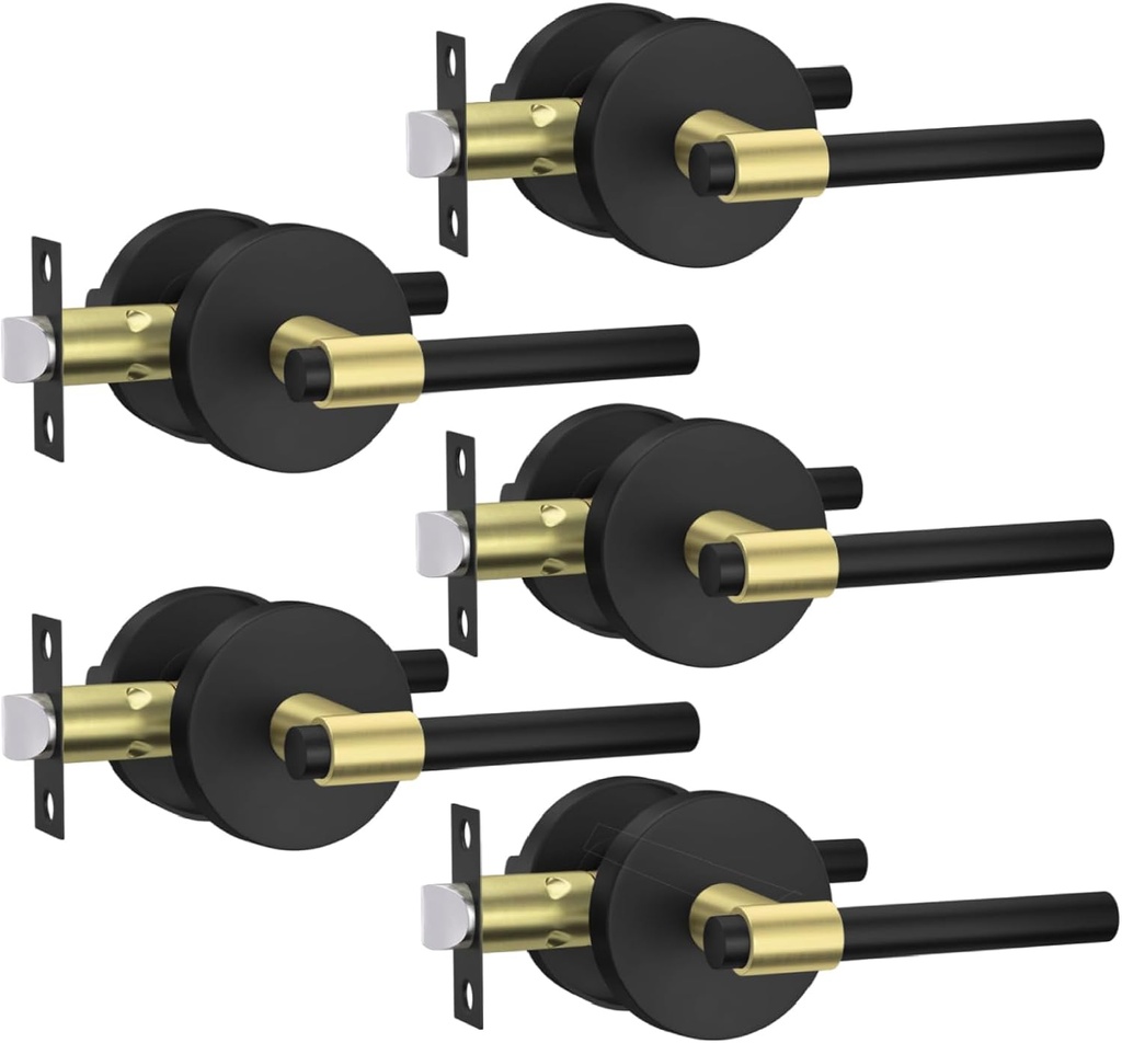 Goldenwarm 5 Pack Black and Gold Closet Door Handle, Interior Door Handles, Passage Door Handle, Black and Gold Passage Lever Door Handles for Hallway, Closet