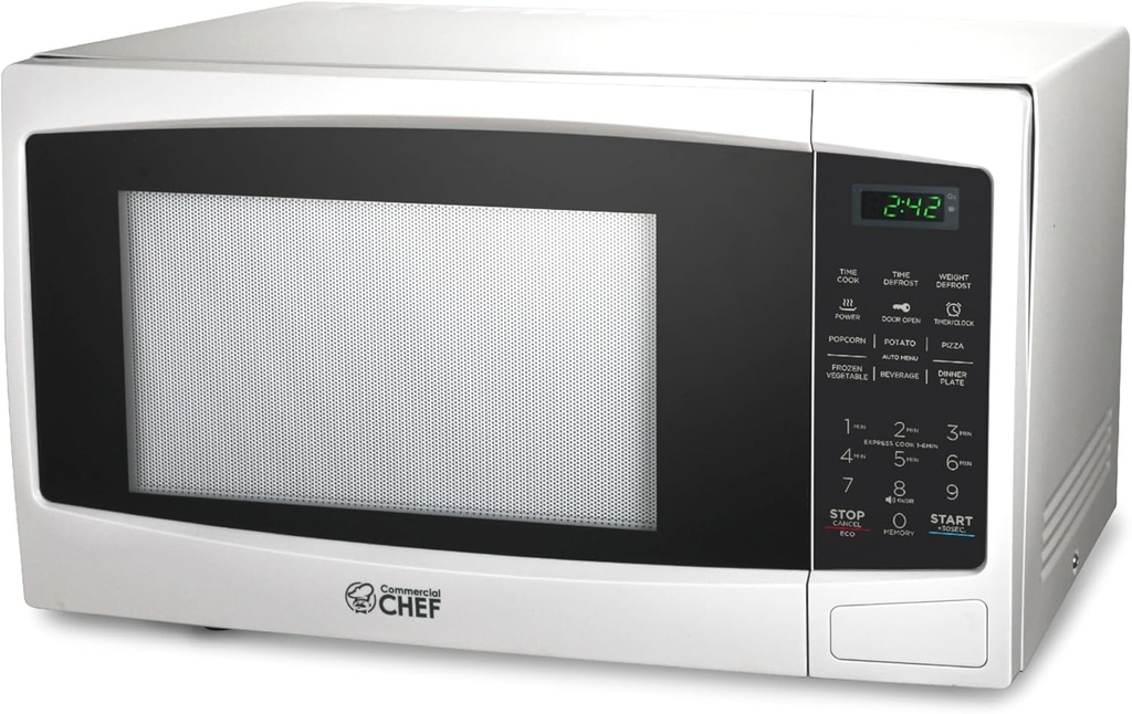 COMMERCIAL CHEF 1.1 Cu Ft Microwave with 10 Power Levels, Microwave 1000W with Push Button Door Lock, Countertop Microwave with Microwave Turntable and Digital Controls, White
