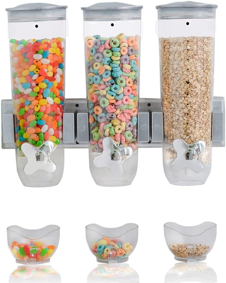 4.5L Wall Mounted Cereal Dispenser Triple Dry Food Dispensers with 3 Cupsfor Store Oatmeal Coffee Bean Nuts CandySnackGrain (Silver 4.5L)，Silver-4.5L