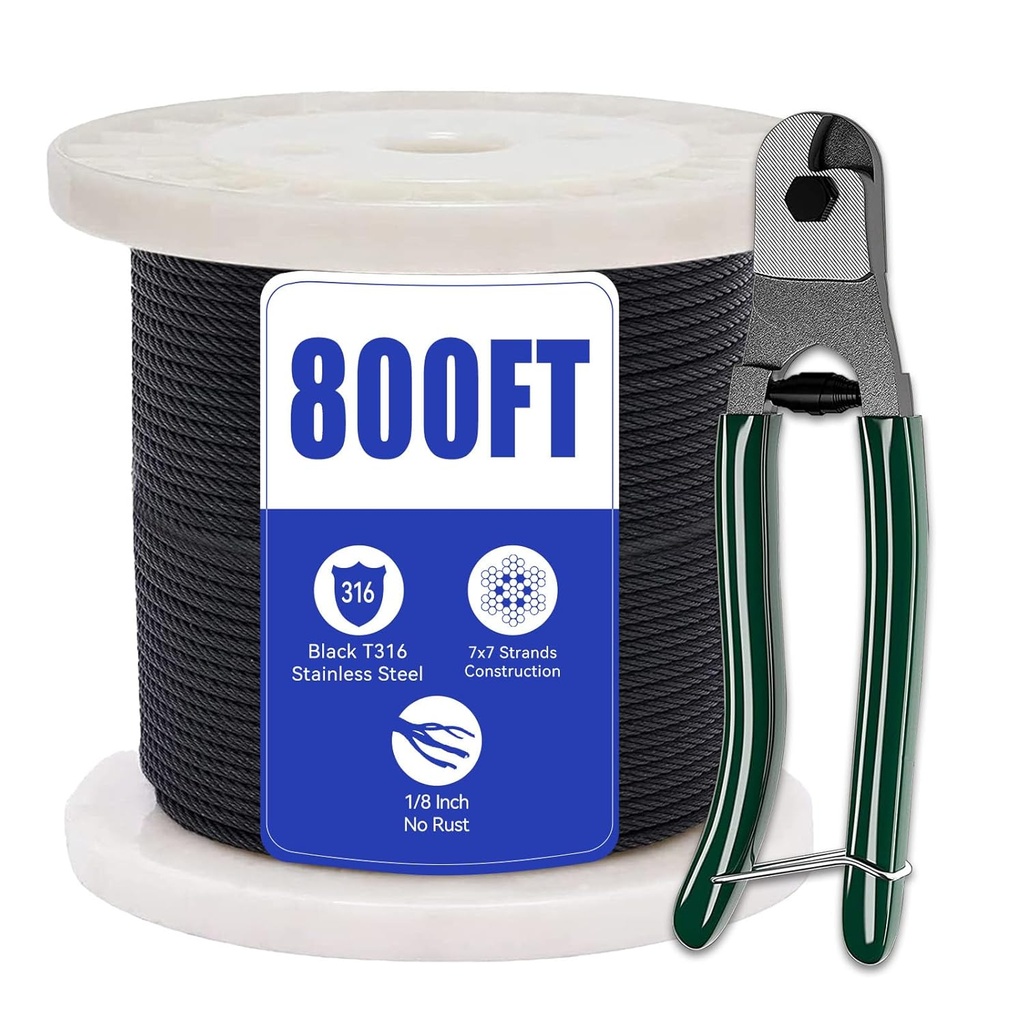 1/8 Black Cable Railing T316 Stainless Steel Cable for Deck Cable Railing with Cutter 7x7 Strands Construction or Cable Deck Railing System 800FT