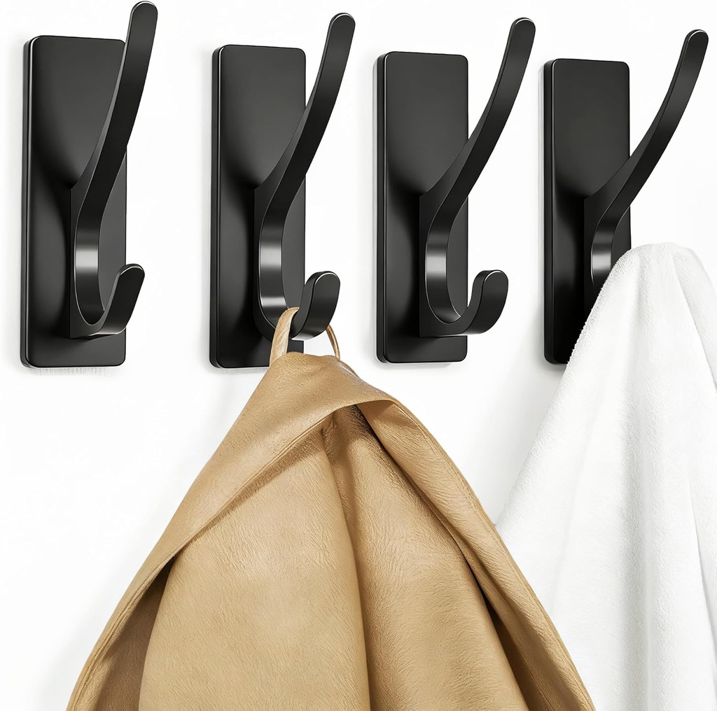 pickpiff Self Adhesive Coat Hooks for Hanging: Heavy Duty Stainless Wall Hook for Towel, Backpack, Hat, Sturdy Metal Hanger for Bathroom, Bedroom, Door, 4-Pack, Matt Black