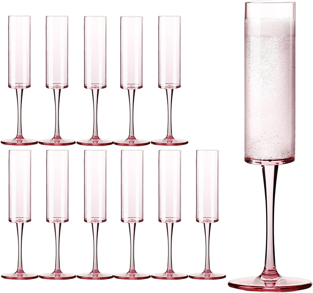 12 Pack Plastic Champagne Flutes, 6 Oz Colord Disposable Champagne Glasses Shatterproof Stemmed Wine Toasting Glasses Reusable Goblets Cocktail Cups for Wedding Birthday Daily Life, Pink