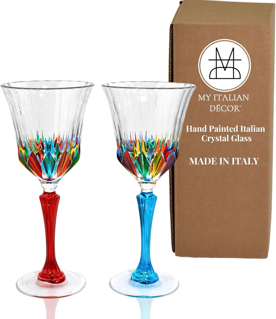 Italian Wine Glasses, Demi Collection, Set of 2, 8 OZ Glasses, Hand Painted Wine Glasses, Crystal Glassware, Colored Drinkware, Wine Goblets, Glass Goblets, Hand Blown Glass, Made In Italy