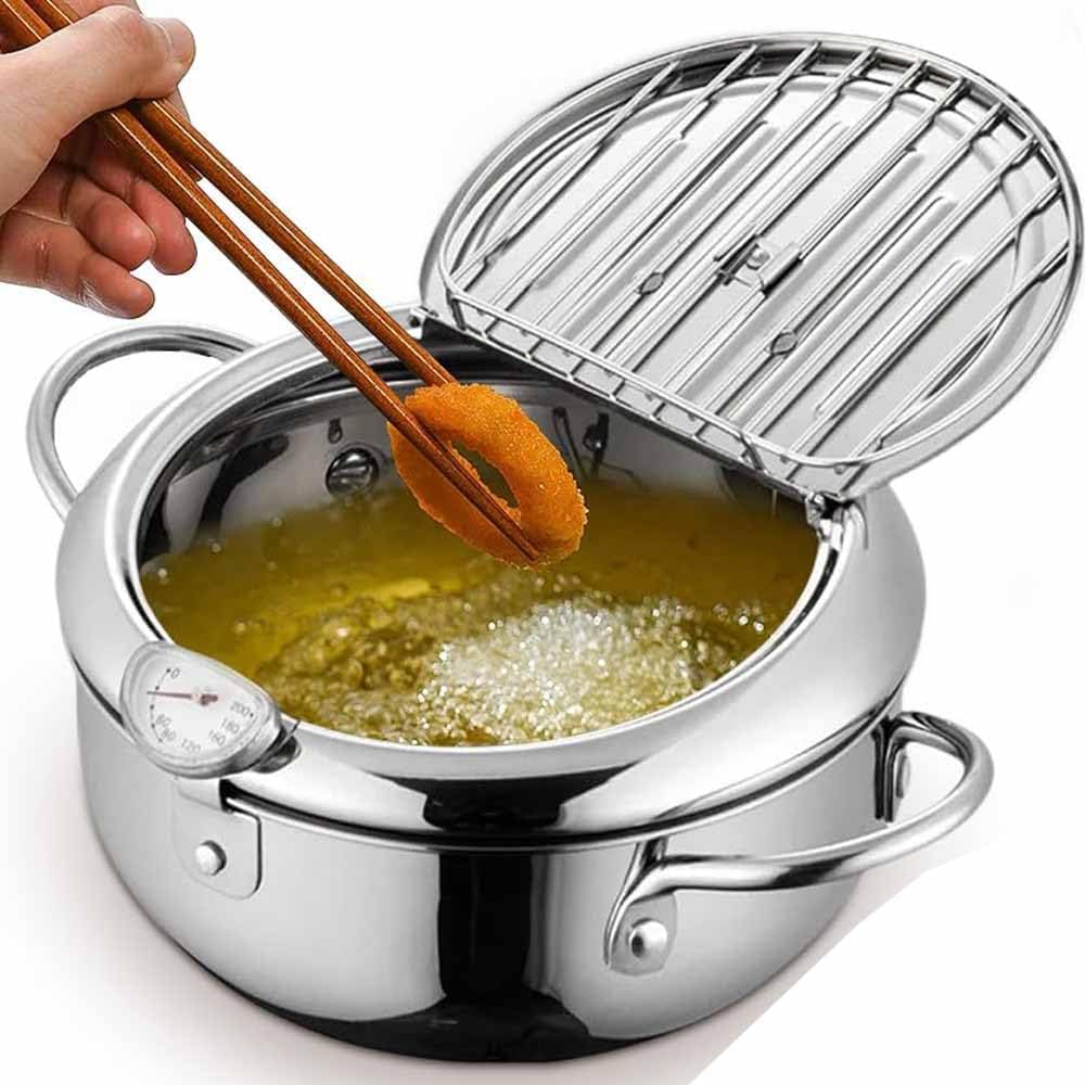 Stainless Steel Frying Pot With Thermometer And Oil Drip Drainer Rack, Japanese Deep Fryer Pot, Japanese Style Tempura Frying Pot, Stainless Steel Deep Frying Pan With Lid (11in)