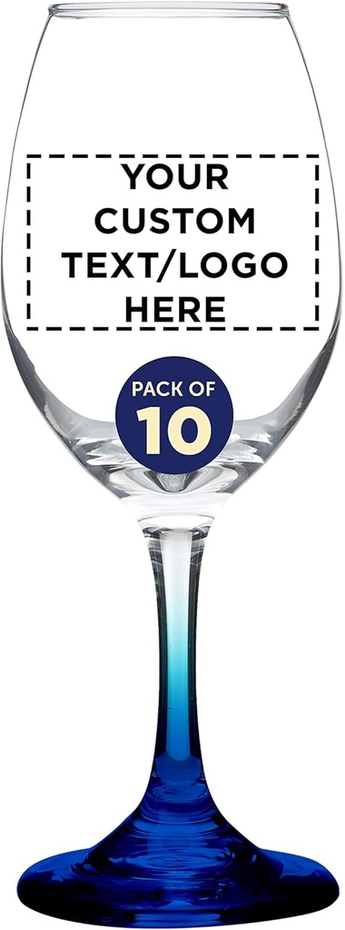Custom Rioja Wine Glasses with Stem 10 oz. Set of 10, Personalized Bulk Pack - Color Bottom, Perfect for Wedding, Party Favors, Birthday, Bridal Shower Gifts - Blue