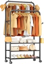 Furologee Clothes Racks for Hanging Clothes, Portable Rolling Garment Rack, Sturdy Metal Freestanding Cloths Racks with Wheels, Double Rods Wardrobe Rack for Bedroom Laundry Living Room