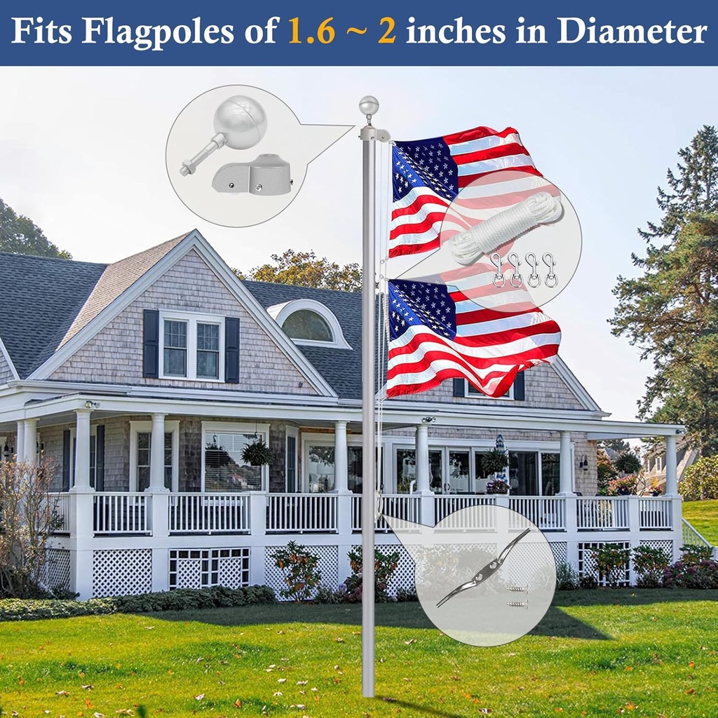 NQ Flagpole Hardware Repair Parts Kit,50 Feet Halyard Rope+3" Silver Ball+6" Zinc Alloy Cleat+4 Metal Swivel Snap Clips+Aluminum Alloy Flagpole Truck with Nylon Pulley for 1.6"-2" Flag Poles