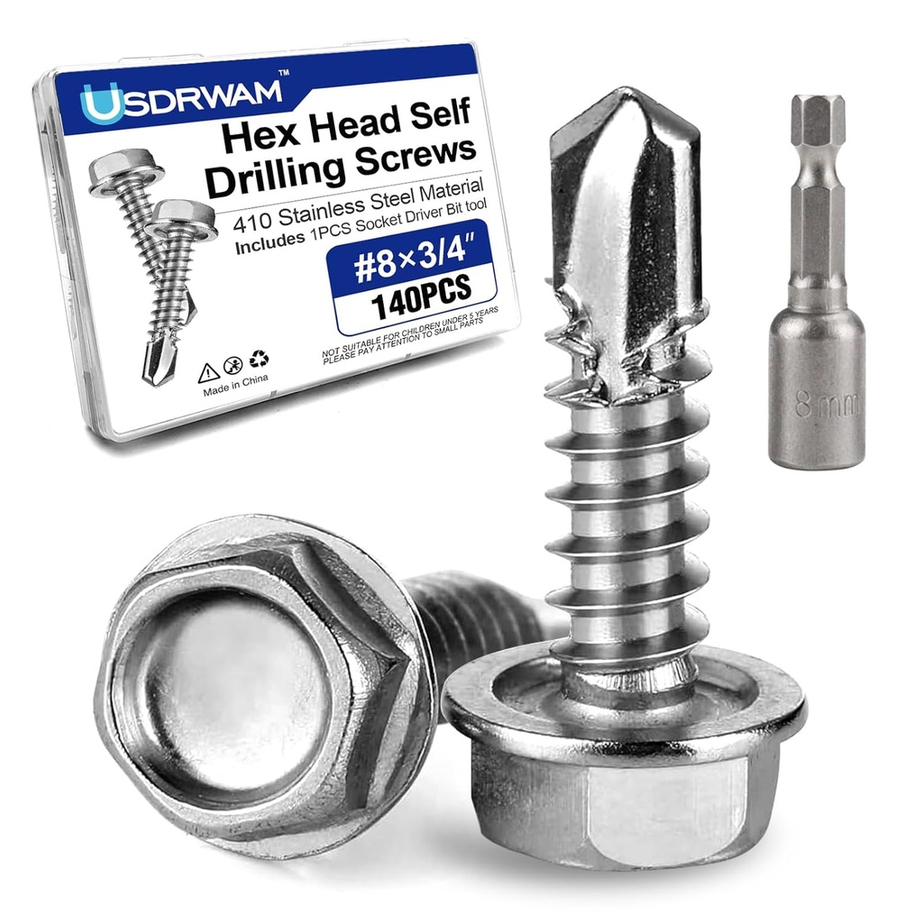 140Pcs #8×3/4" Self Tapping Screws for Metal, 410 Stainless Steel Hex Washer Head Sheet Metal Screw