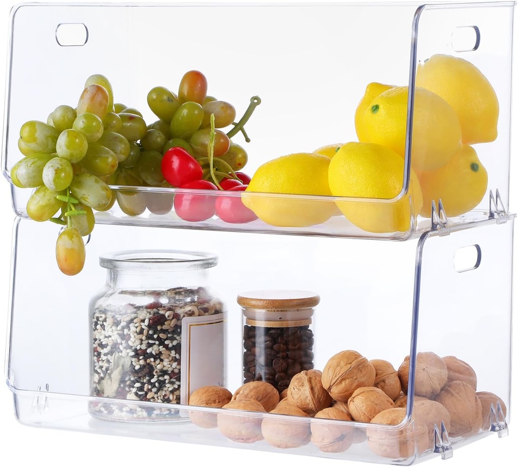 Stackable Plastic Food Storage Organizer Bin Basket with Open Front for Household Kitchen Cabinets, Pantry, Offices, Closets, Bedrooms, Bathrooms , 2 Pack - Clear