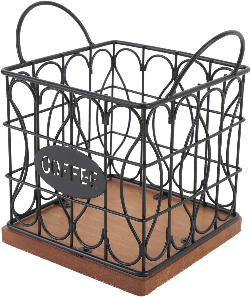 AYNEFY Coffee Pod Holder Organizer, Large Capacity Metal Storage Basket with a Wooden Basis for Kitchen Worktop Office Coffee Bar, Baked Finish Opening Base Design